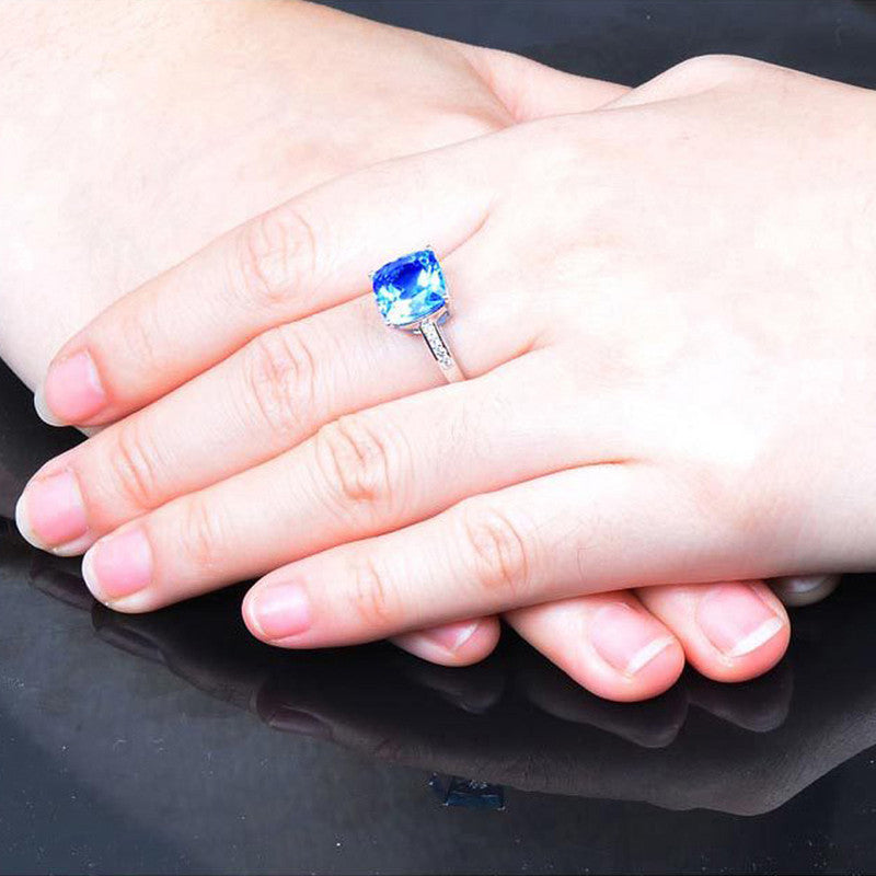 Silver Plated American Diamond Crushed Ice Cut Navy Blue Square Finger Ring