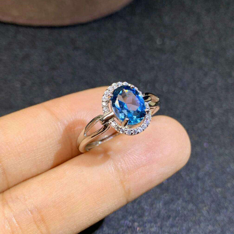 Silver Plated American Diamond Crushed Ice Cut Blue Oval Finger Ring