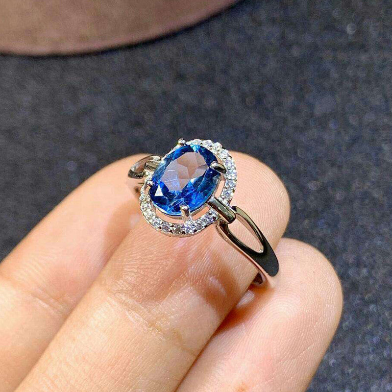 Silver Plated American Diamond Crushed Ice Cut Blue Oval Finger Ring