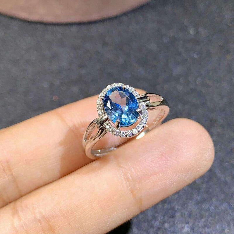 Silver Plated American Diamond Crushed Ice Cut Blue Oval Finger Ring