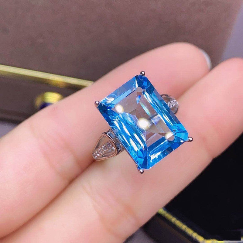 Silver Plated American Diamond Crushed Ice Cut Blue Rectangular Finger Ring