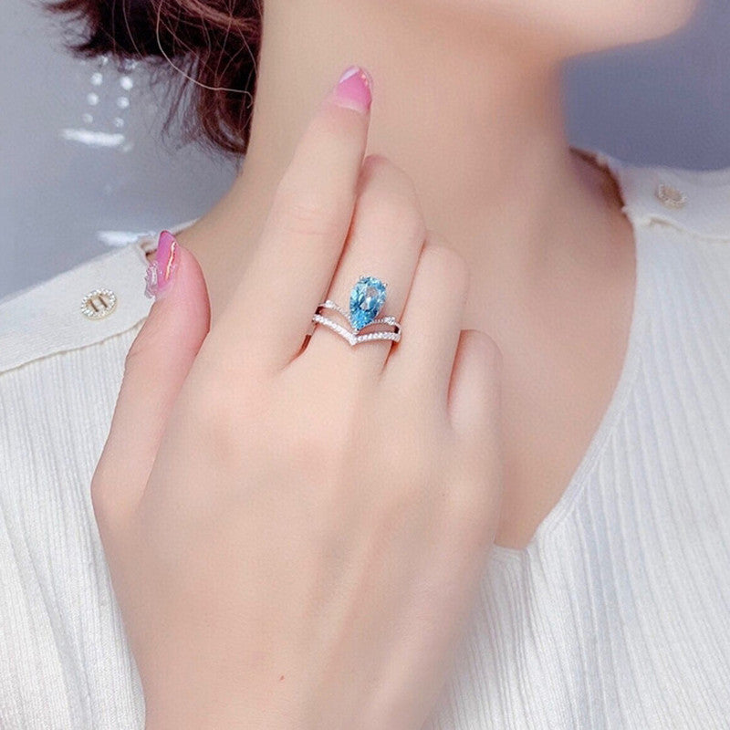 Silver Plated American Diamond Crushed Ice Cut Blue Teardrop Finger Ring