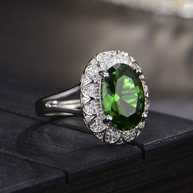 Silver Plated American Diamond Crushed Ice Cut Green Oval Finger Ring