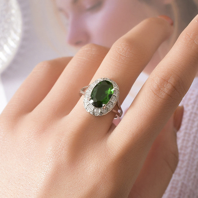 Silver Plated American Diamond Crushed Ice Cut Green Oval Finger Ring