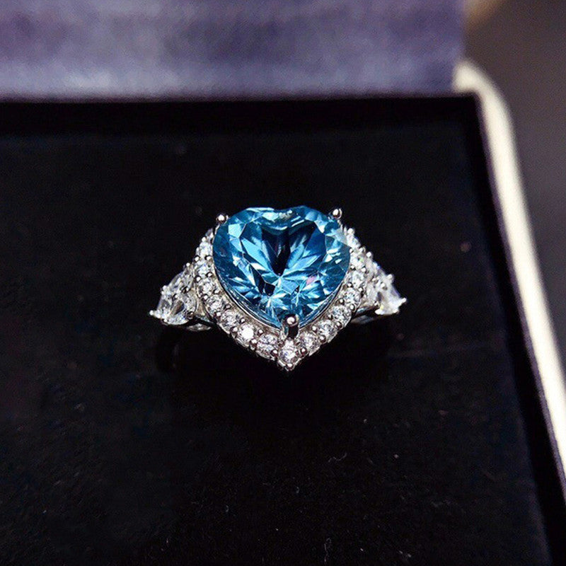 Silver Plated American Diamond Crushed Ice Cut Blue Heart Finger Ring