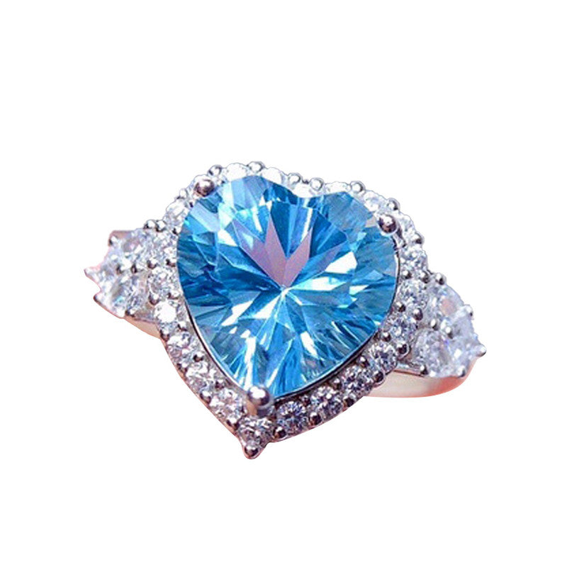 Silver Plated American Diamond Crushed Ice Cut Blue Heart Finger Ring