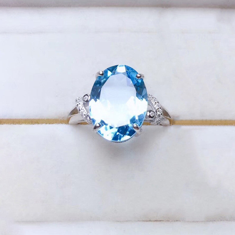 Silver Plated American Diamond Crushed Ice Cut Blue Oval Finger Ring