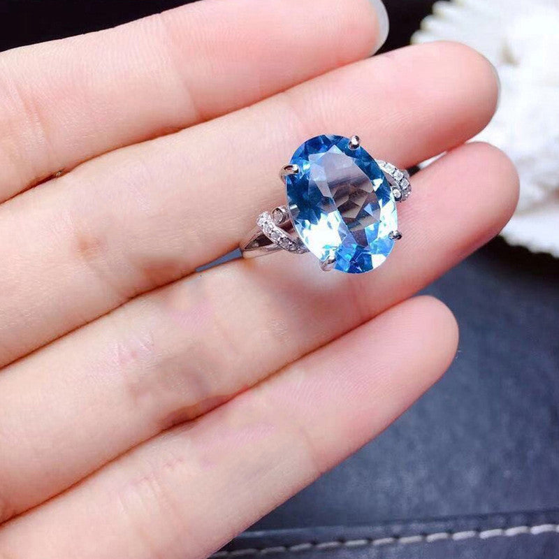 Silver Plated American Diamond Crushed Ice Cut Blue Oval Finger Ring