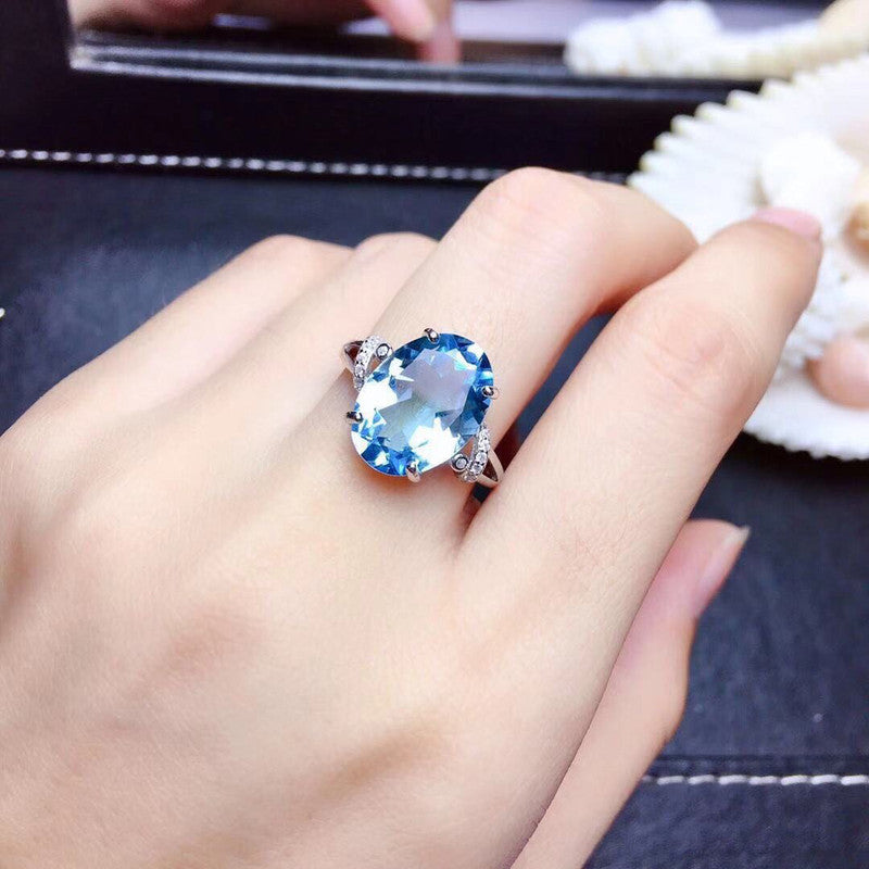 Silver Plated American Diamond Crushed Ice Cut Blue Oval Finger Ring