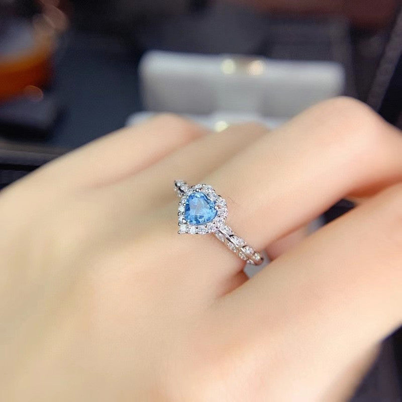 Silver Plated American Diamond Crushed Ice Cut Blue Heart Finger Ring