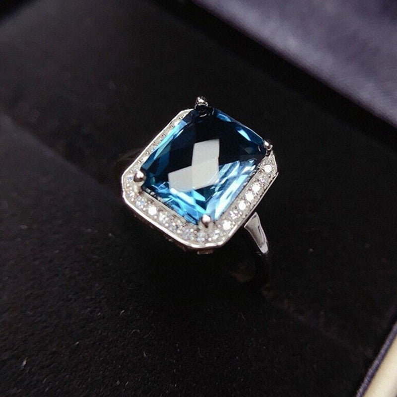 Silver Plated American Diamond Crushed Ice Cut Blue Rectangular Finger Ring