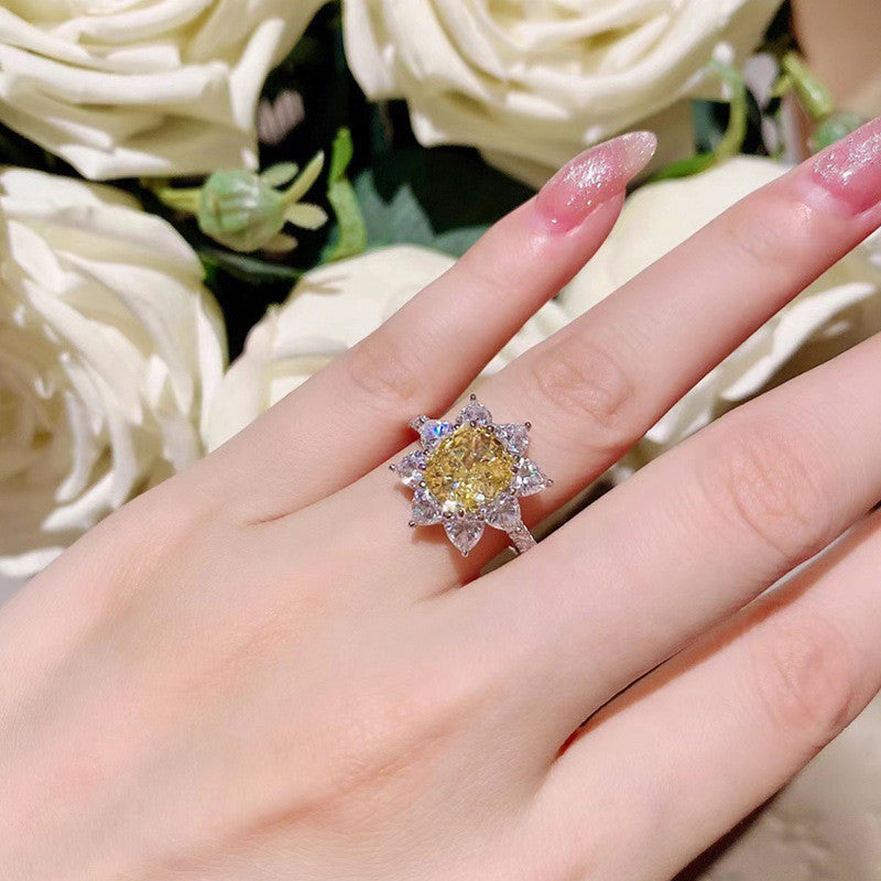 Silver Plated American Diamond Crushed Ice Cut Yellow Floral Finger Ring