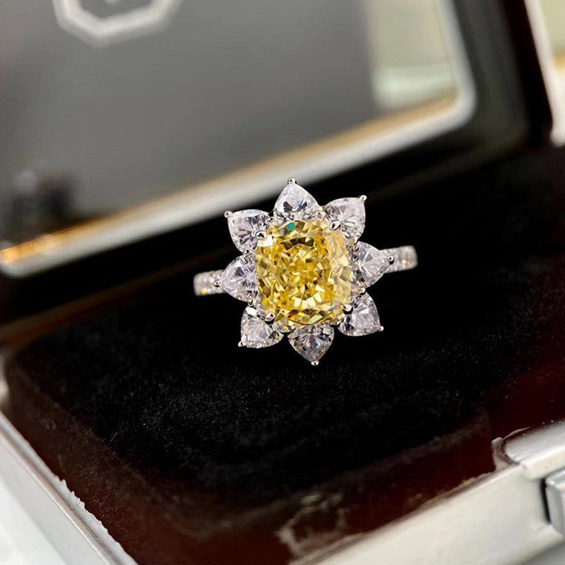 Silver Plated American Diamond Crushed Ice Cut Yellow Floral Finger Ring