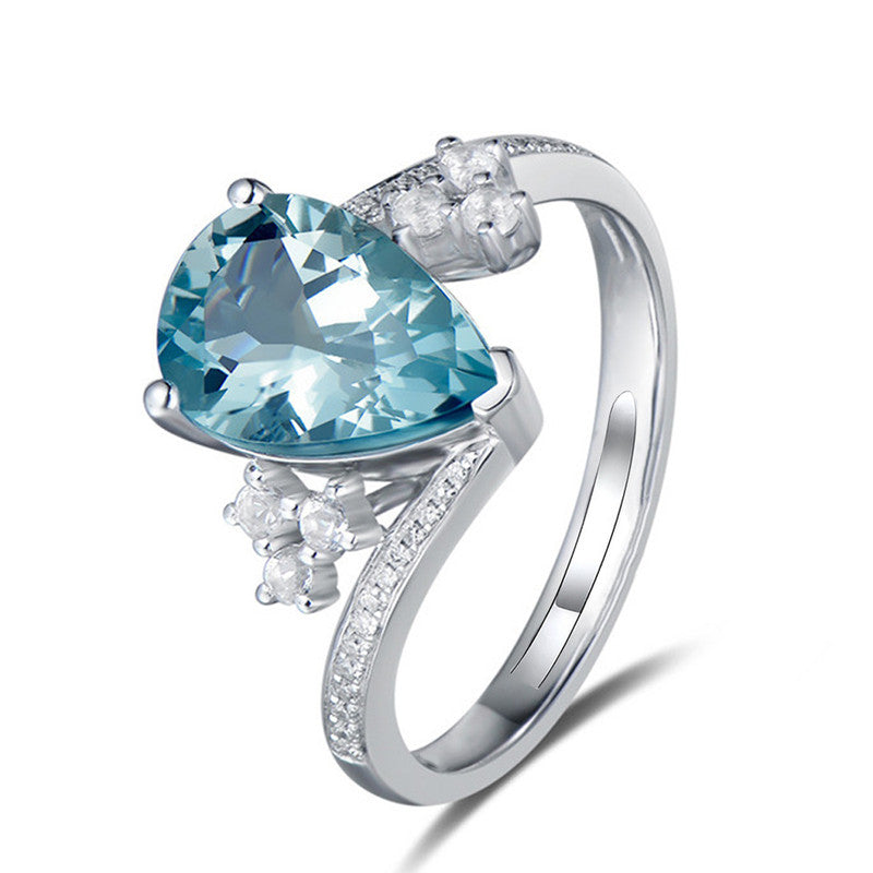 Silver Plated American Diamond Crushed Ice Cut Blue Teardrop Style Finger Ring