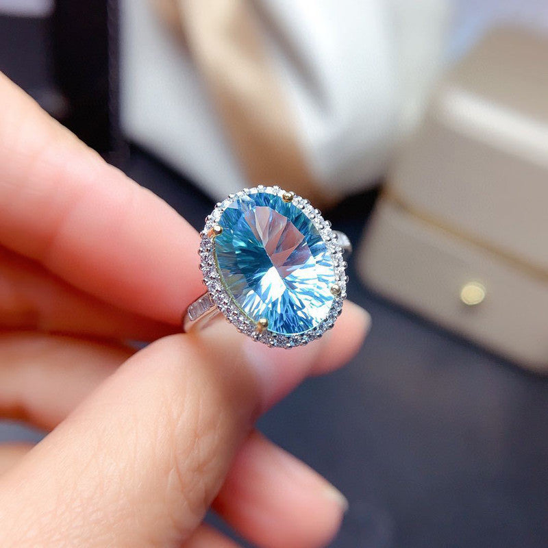 Silver Plated American Diamond Crushed Ice Cut Blue Oval Finger Ring