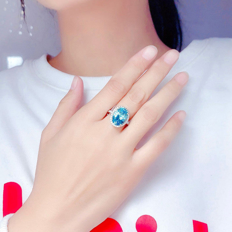 Silver Plated American Diamond Crushed Ice Cut Blue Oval Finger Ring