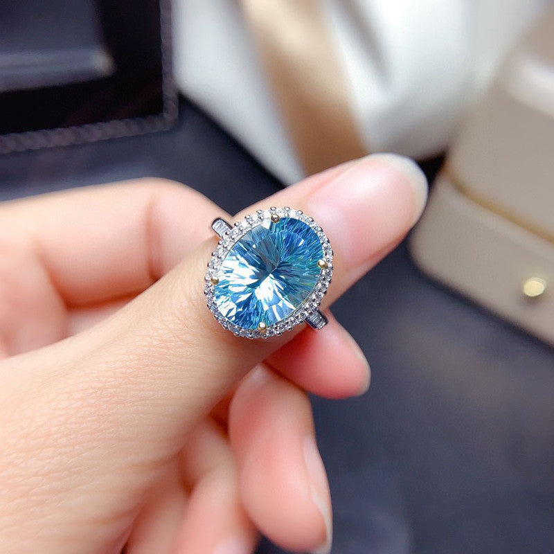 Silver Plated American Diamond Crushed Ice Cut Blue Oval Finger Ring