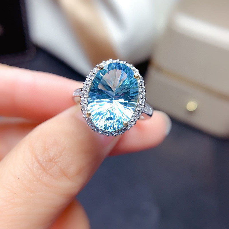 Silver Plated American Diamond Crushed Ice Cut Blue Oval Finger Ring