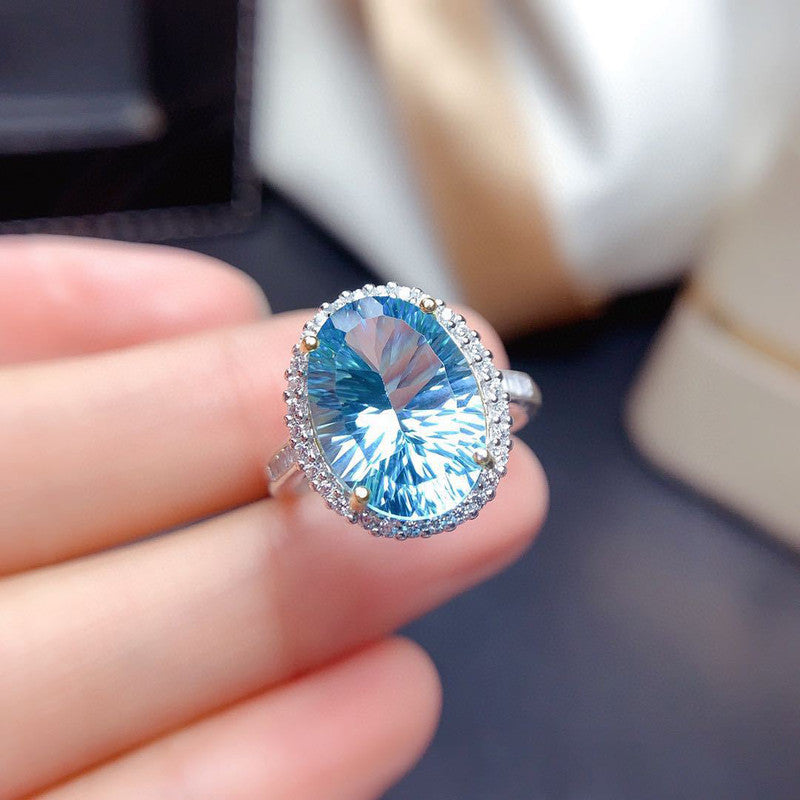 Silver Plated American Diamond Crushed Ice Cut Blue Oval Finger Ring