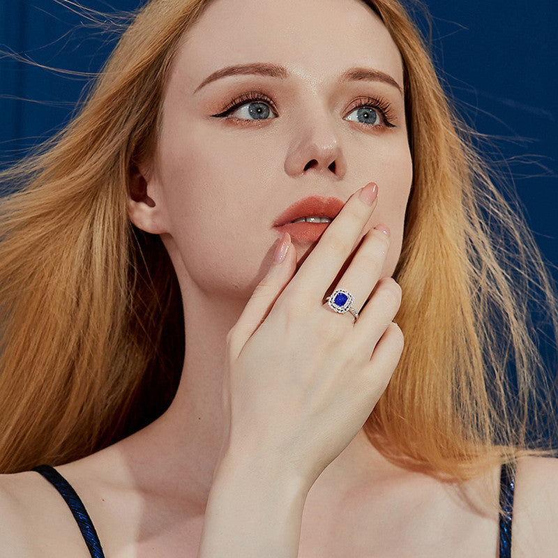 Silver Plated American Diamond Crushed Ice Cut Navy Blue Square Contemporary Finger Ring