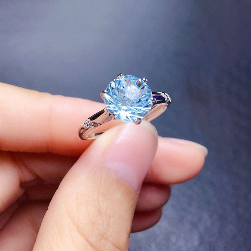 Silver Plated American Diamond Crushed Ice Cut Blue Circular Contemporary Finger Ring