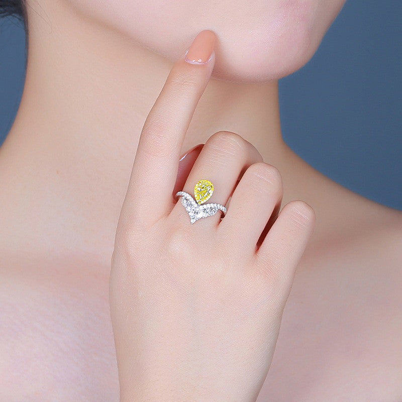 Silver Plated American Diamond Crushed Ice Cut Yellow Teardrop Finger Ring