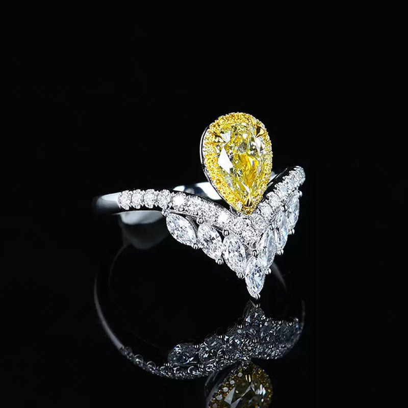 Silver Plated American Diamond Crushed Ice Cut Yellow Teardrop Finger Ring