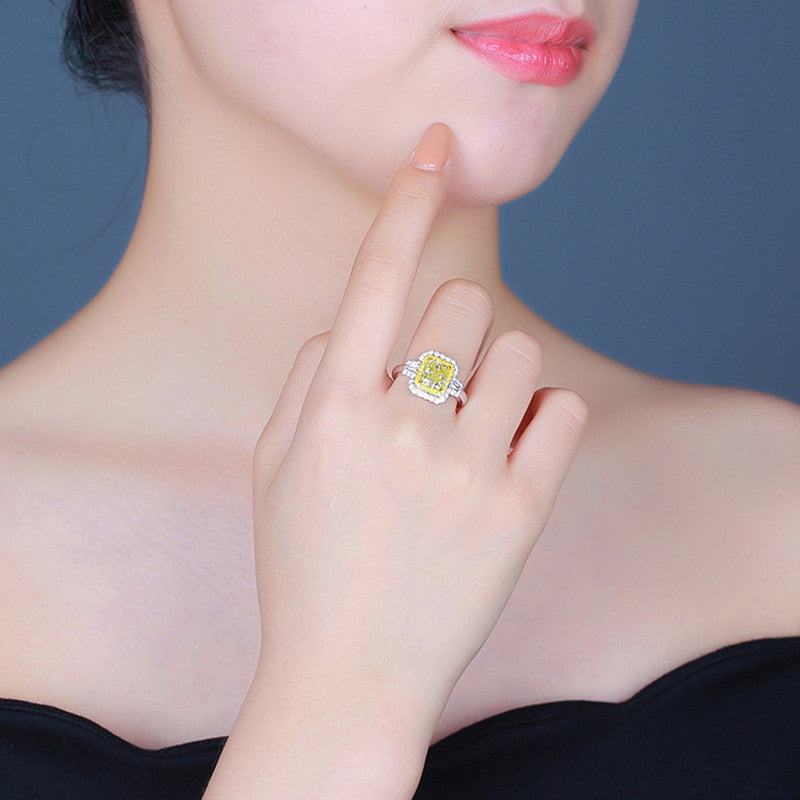 Silver Plated American Diamond Crushed Ice Cut Yellow Geometric Finger Ring