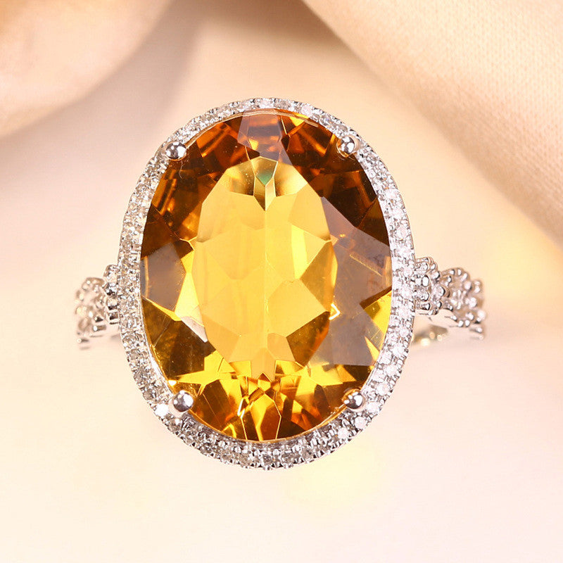 Silver Plated American Diamond Crushed Ice Cut Yellow Oval Finger Ring