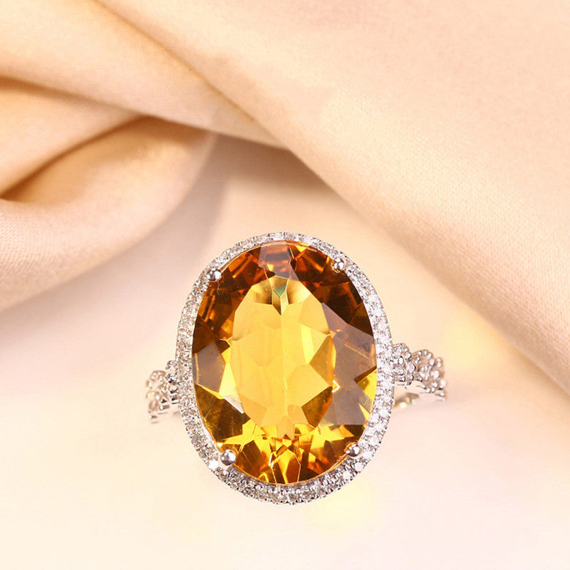 Silver Plated American Diamond Crushed Ice Cut Yellow Oval Finger Ring