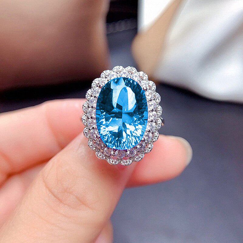 Silver Plated American Diamond Crushed Ice Cut Blue Oval Finger Ring