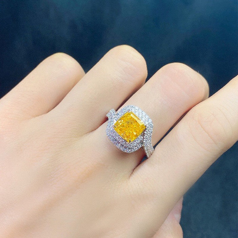 Silver Plated American Diamond Crushed Ice Cut Square Shape Yellow Finger Ring