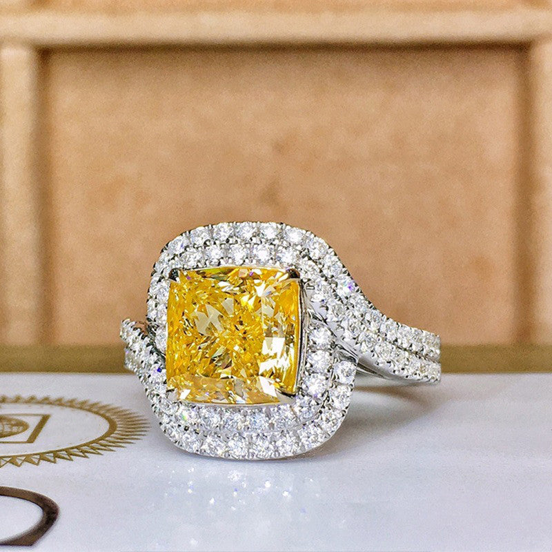 Silver Plated American Diamond Crushed Ice Cut Square Shape Yellow Finger Ring