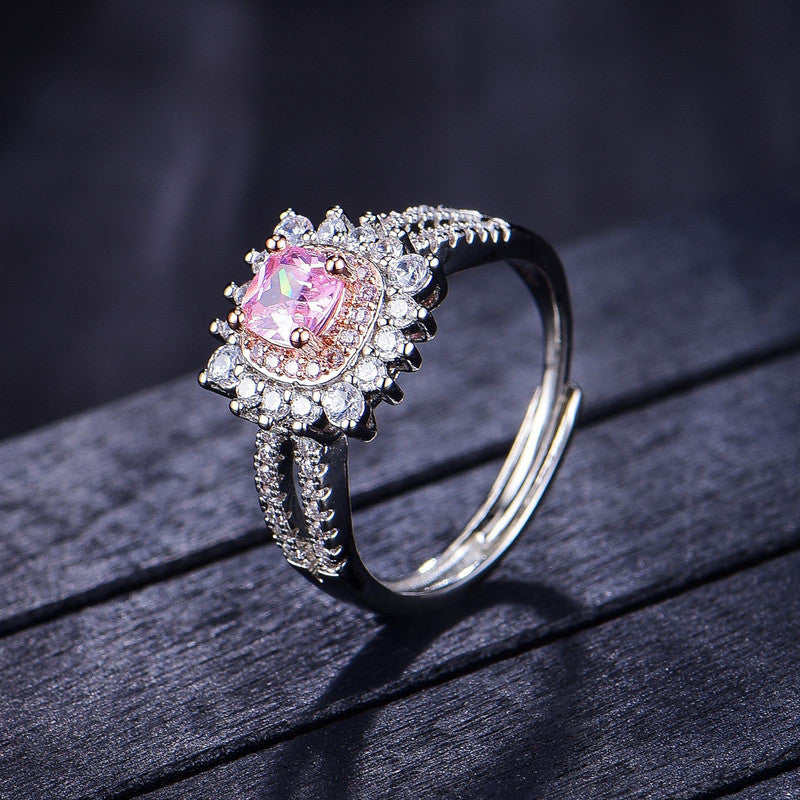 Silver Plated American Diamond Crushed Ice Cut Pink Contemporary Finger Ring