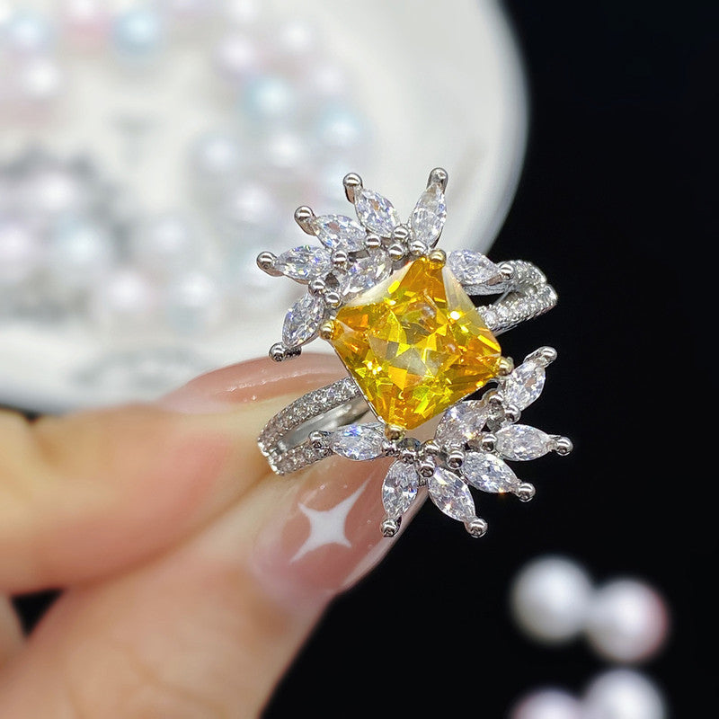 Silver Plated American Diamond Crushed Ice Cut Yellow Contemporary Finger Ring