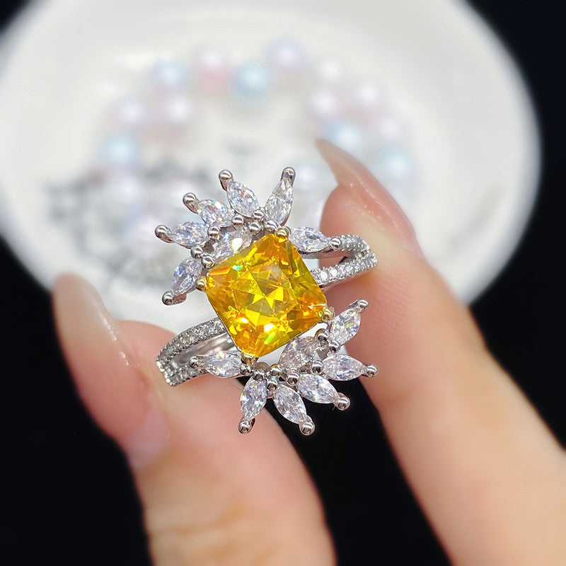 Silver Plated American Diamond Crushed Ice Cut Yellow Contemporary Finger Ring