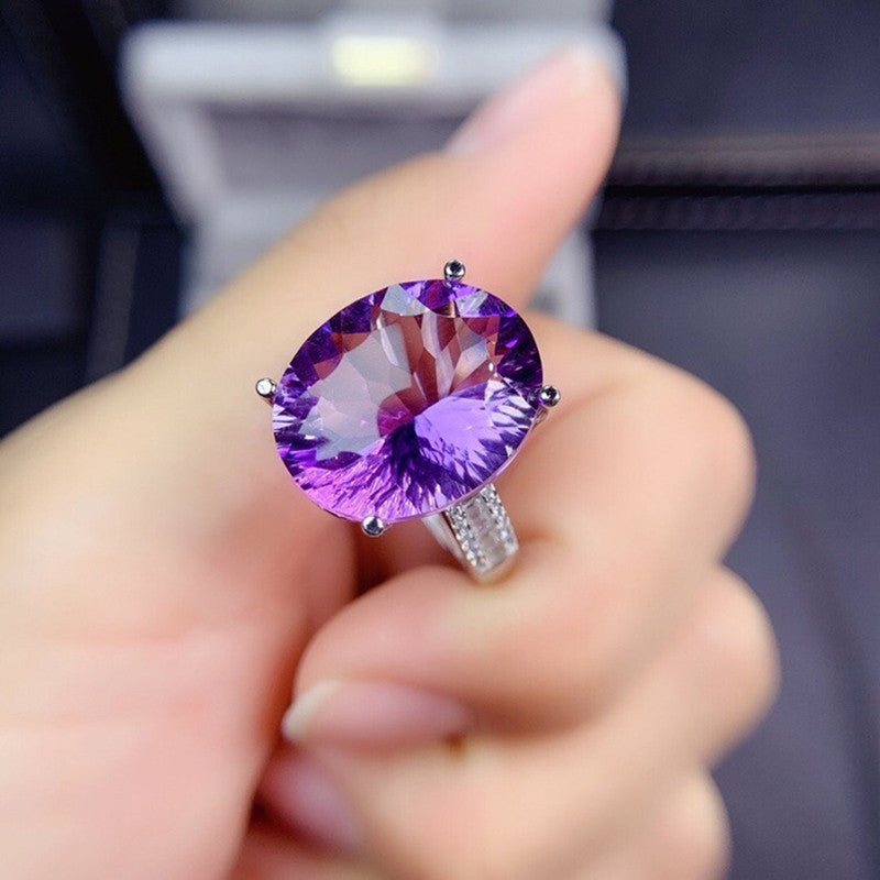 Silver Plated American Diamond Crushed Ice Cut Purple Contemporary Finger Ring