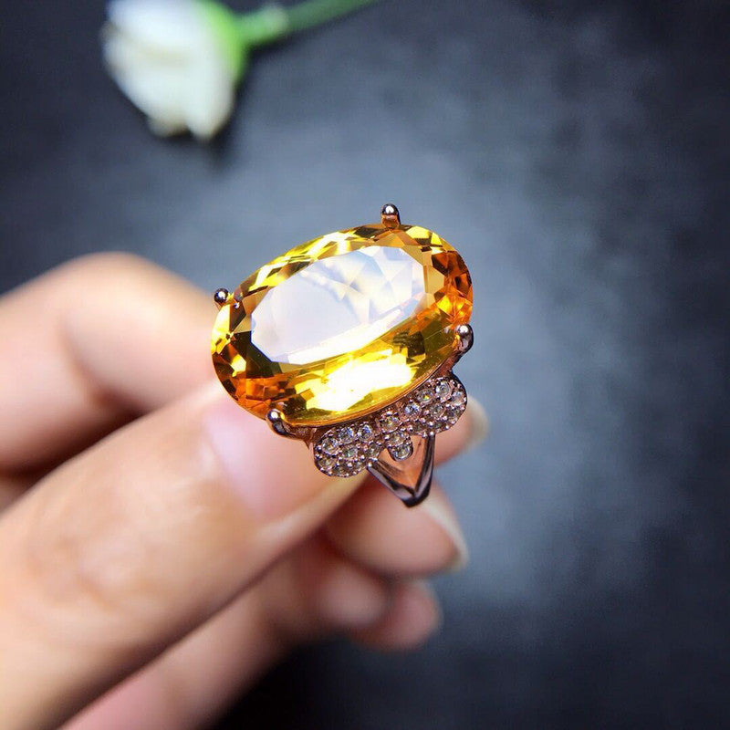 Rose Gold Plated American Diamond Crushed Ice Cut Yellow Oval Finger Ring