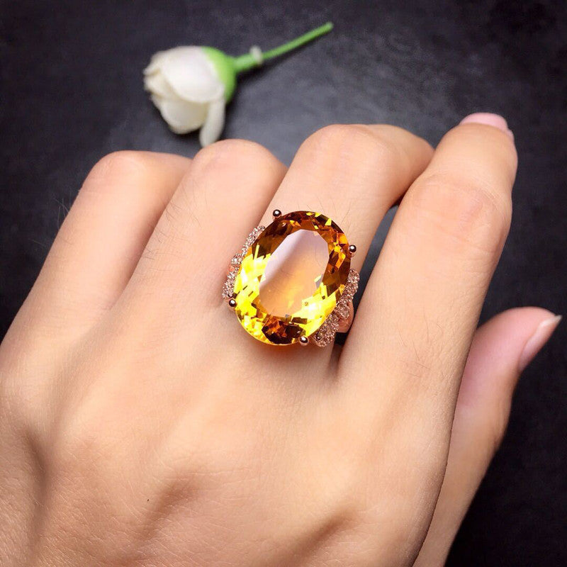 Rose Gold Plated American Diamond Crushed Ice Cut Yellow Oval Finger Ring