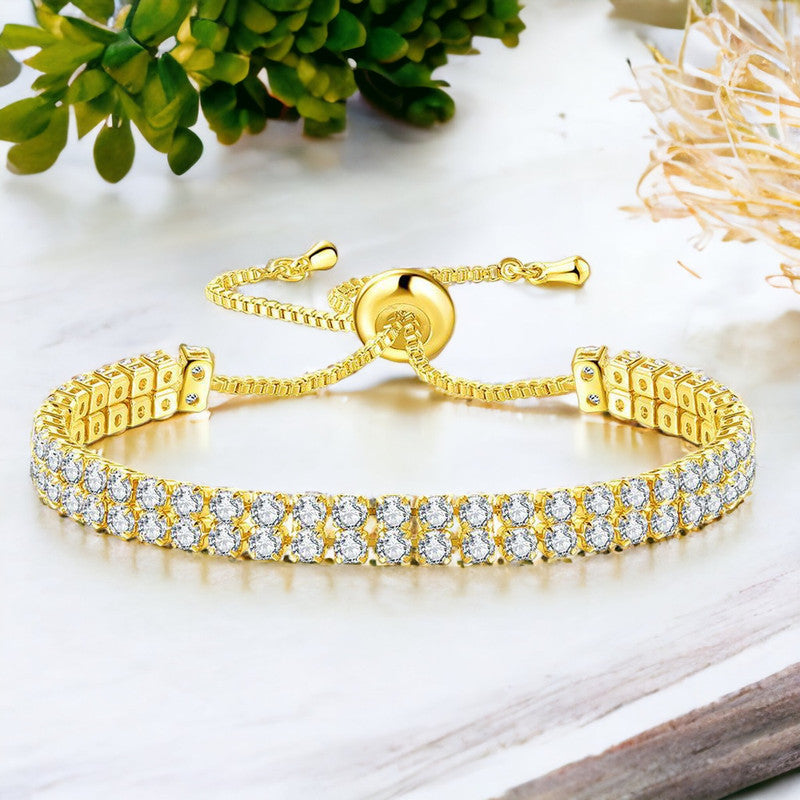 Gold Plated Dual Strand Round Cut Cubic Zirconia White Matrix Tennis Bracelet