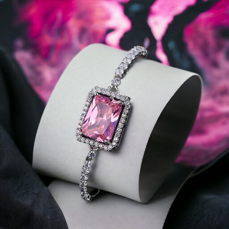 Silver Plated Rectangular Pink Crystal Studded Matrix Tennis Bracelet