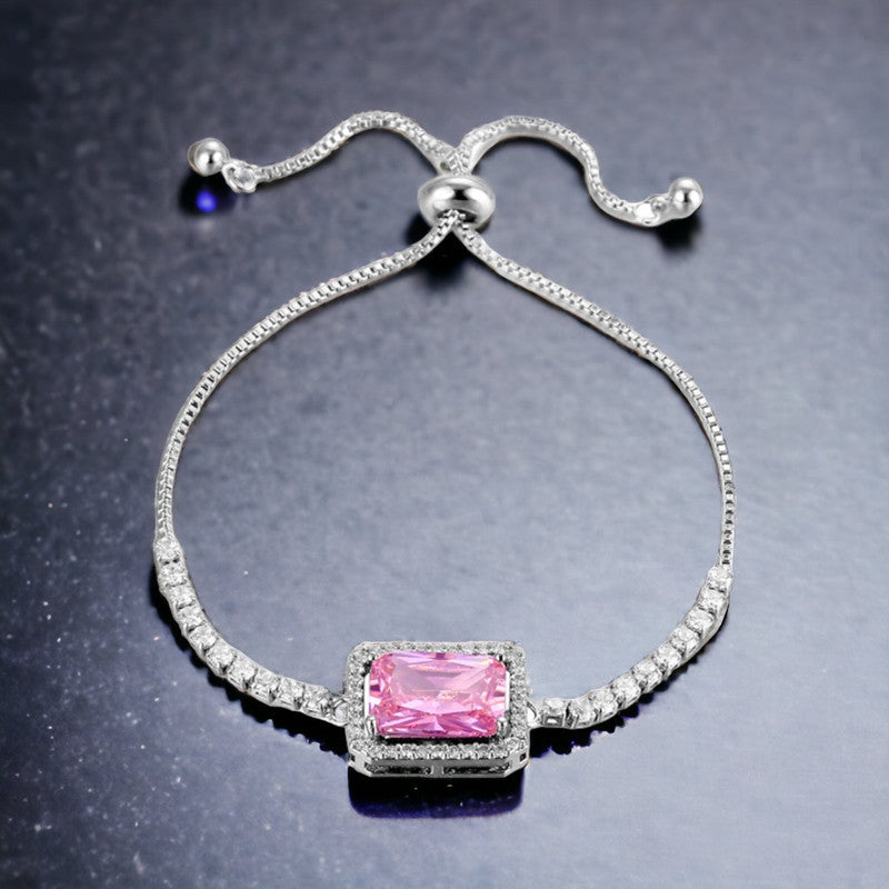 Silver Plated Rectangular Pink Crystal Studded Matrix Tennis Bracelet