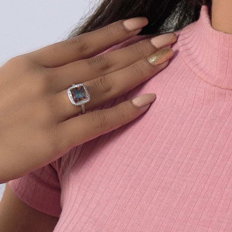 Silver Plated Crystal Studded Multicolor Square Shape Solitaire Adjustable Finger Ring