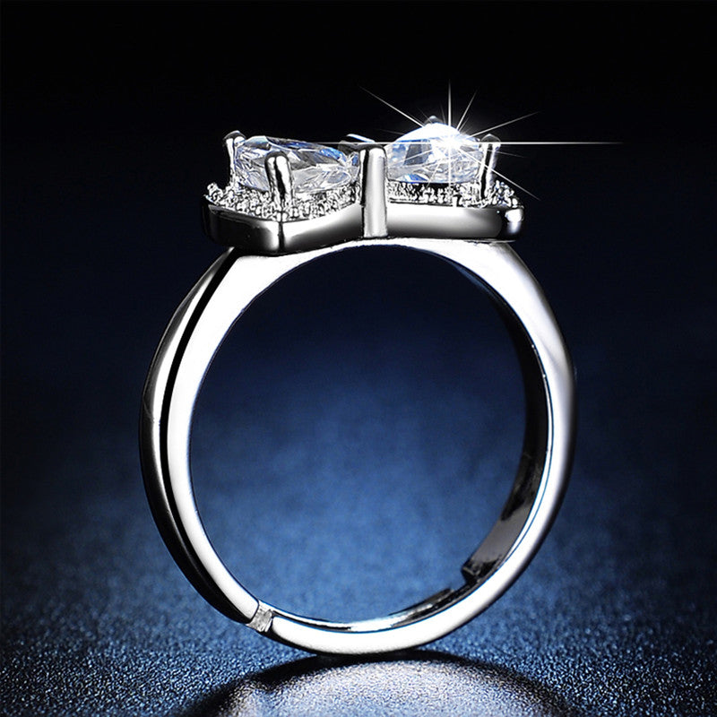 Silver Plated Crystal Studded Bow Tie inspired Contemporary Adjustable Finger Ring